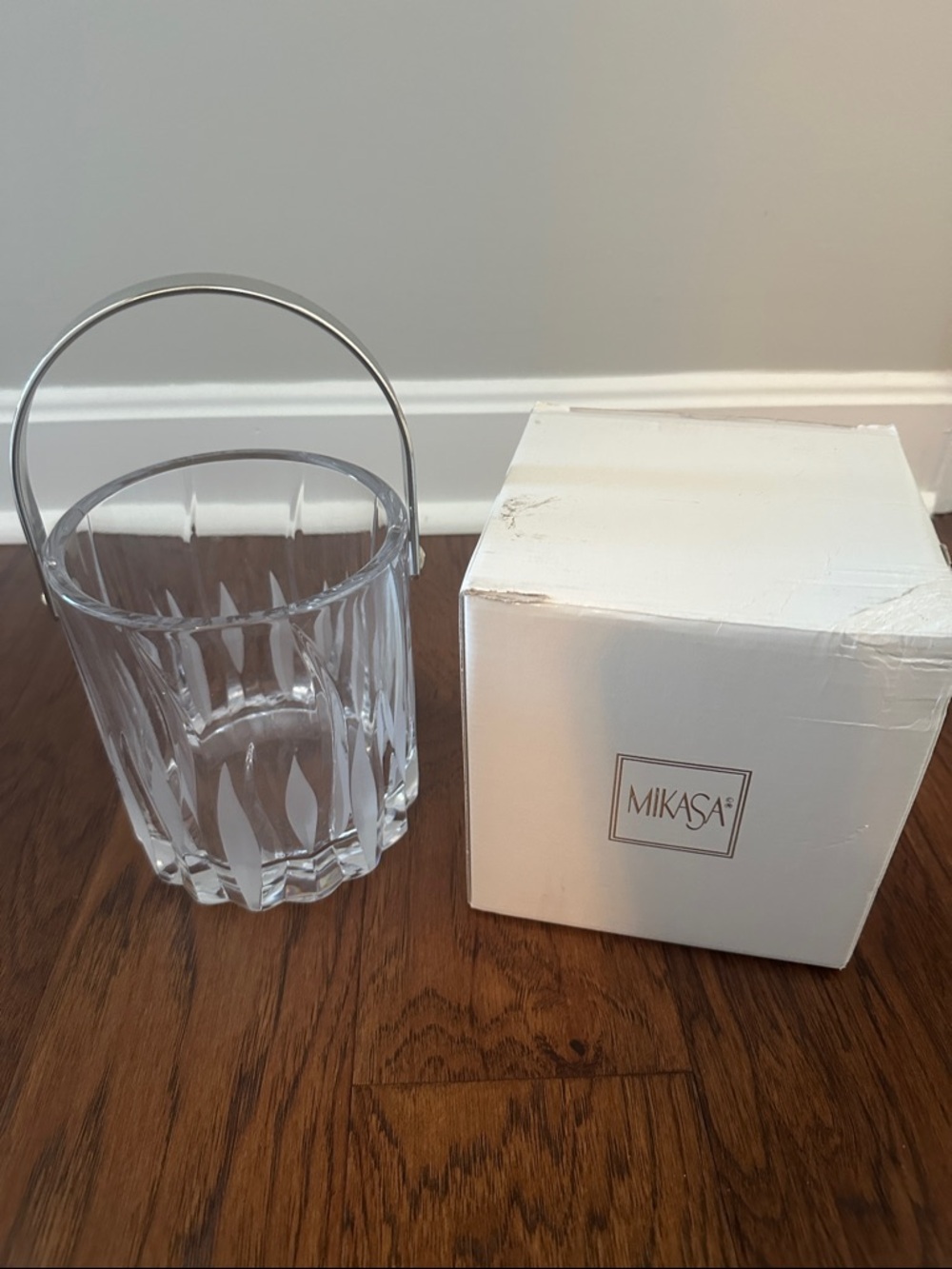 Vintage Mikasa Clear Ice Bucket with Flame Motif Label